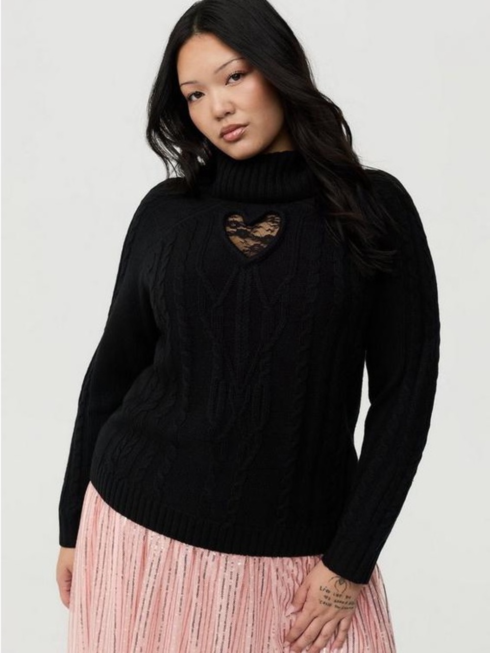 torrid Black Cable Knit Turtleneck Sweater with Lace Heart Cutout 1X /14-16